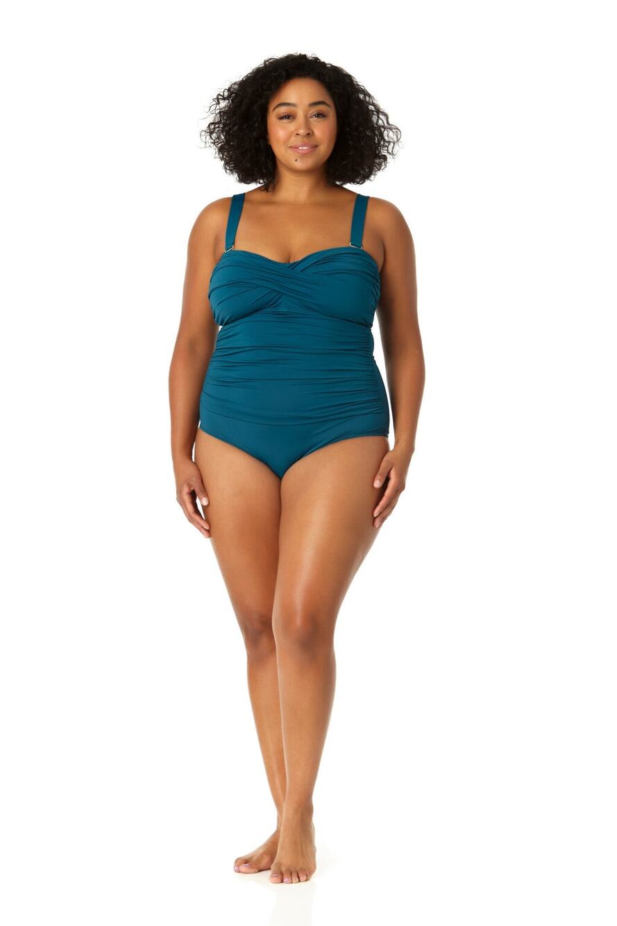 Anne Cole Twist Front Shirred One Piece Swimsuit in Deep Sea Blue Size 16W